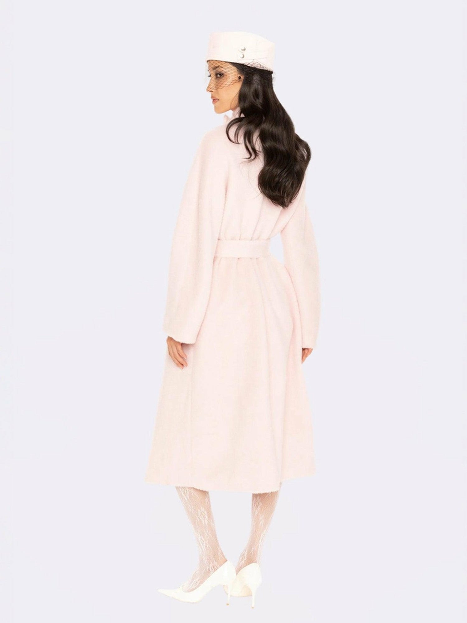 Nana Jacqueline Audrey Long Coat: Pink Wool Coat for Winter Wedding Guest Pink