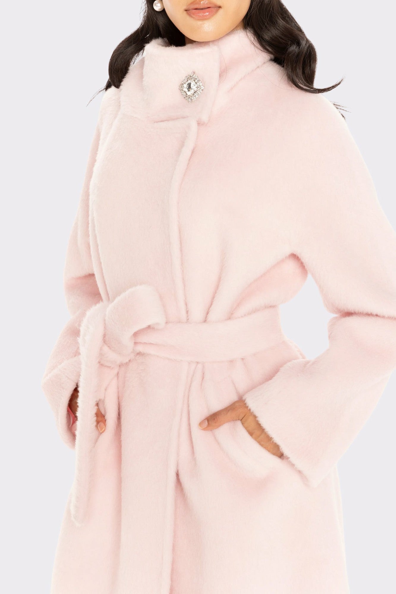 Nana Jacqueline Audrey Long Coat: Pink Wool Coat for Winter Wedding Guest Pink