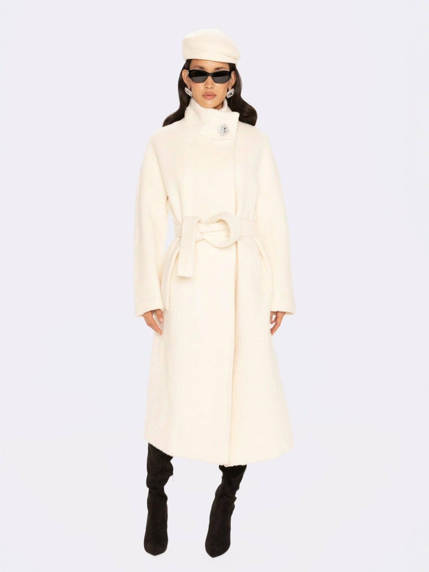 Nana Jacqueline Audrey Long Coat: Off White Coat for Winter Wedding Guest Off White