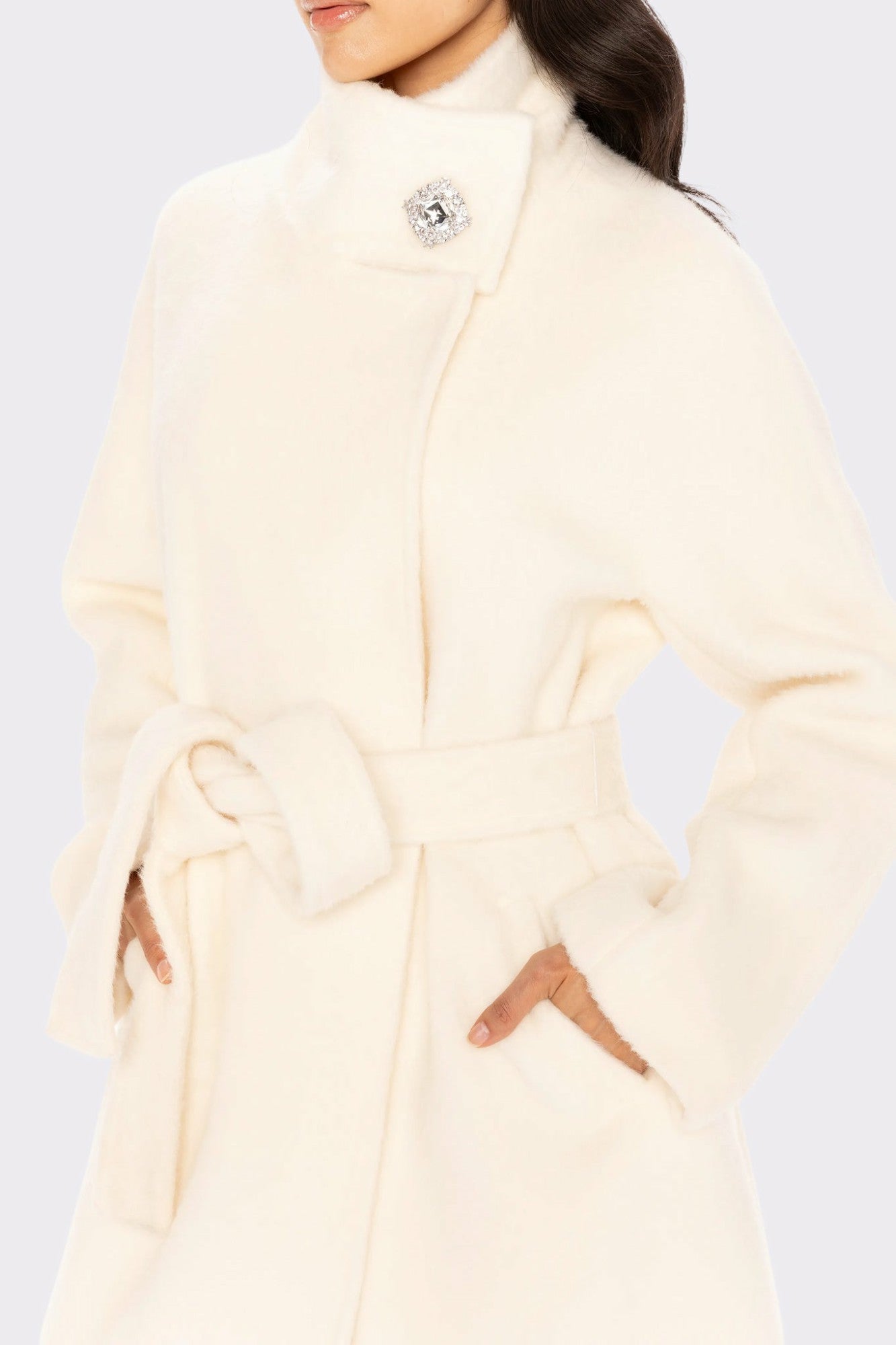 Nana Jacqueline Audrey Long Coat: Off White Coat for Winter Wedding Guest Off White