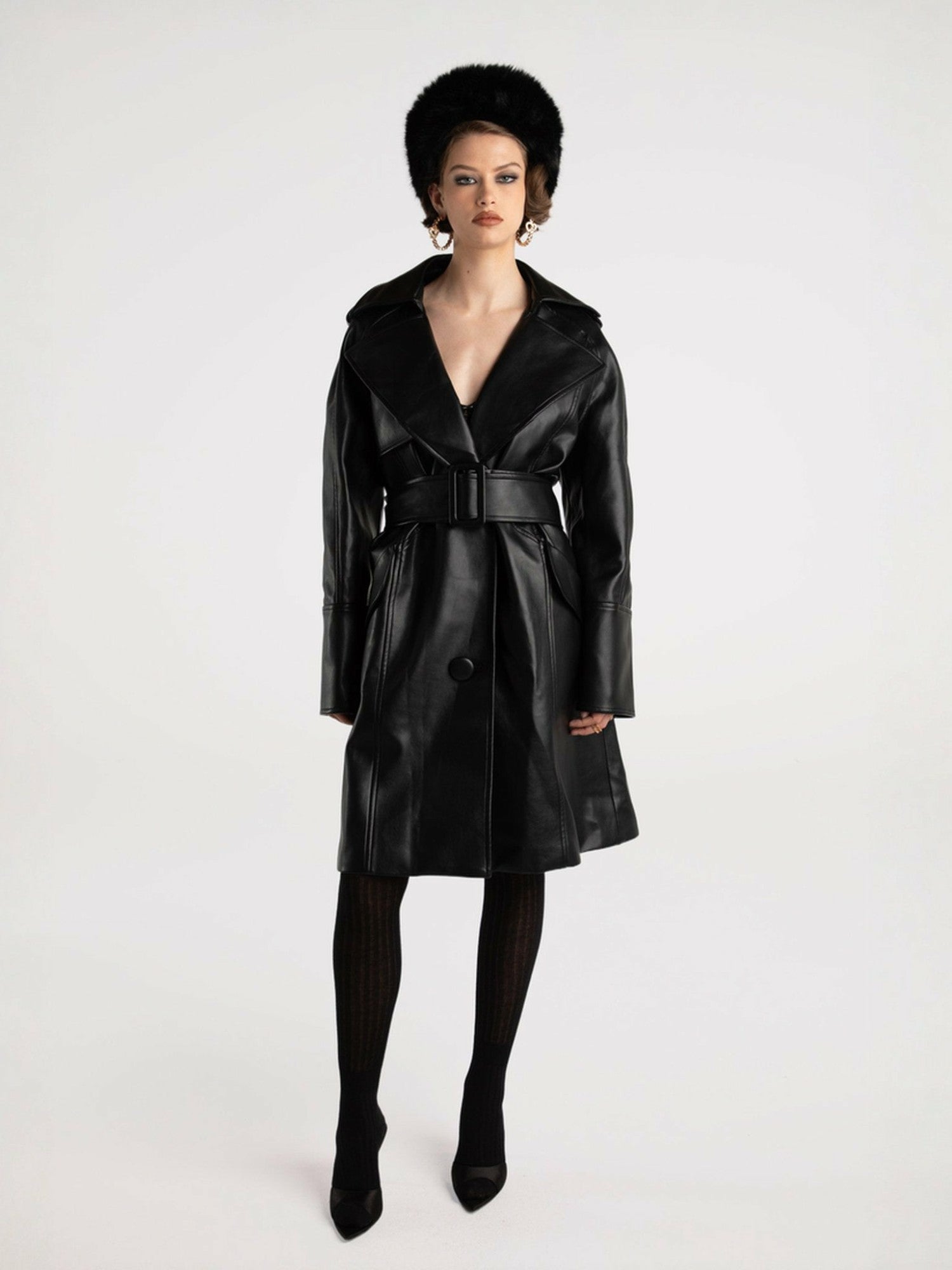Nana Jacqueline Keira Leather Trench Coat: Black Trench Coat for Date Night Black