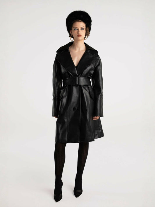 Nana Jacqueline Keira Leather Trench Coat: Black Trench Coat for Date Night Black