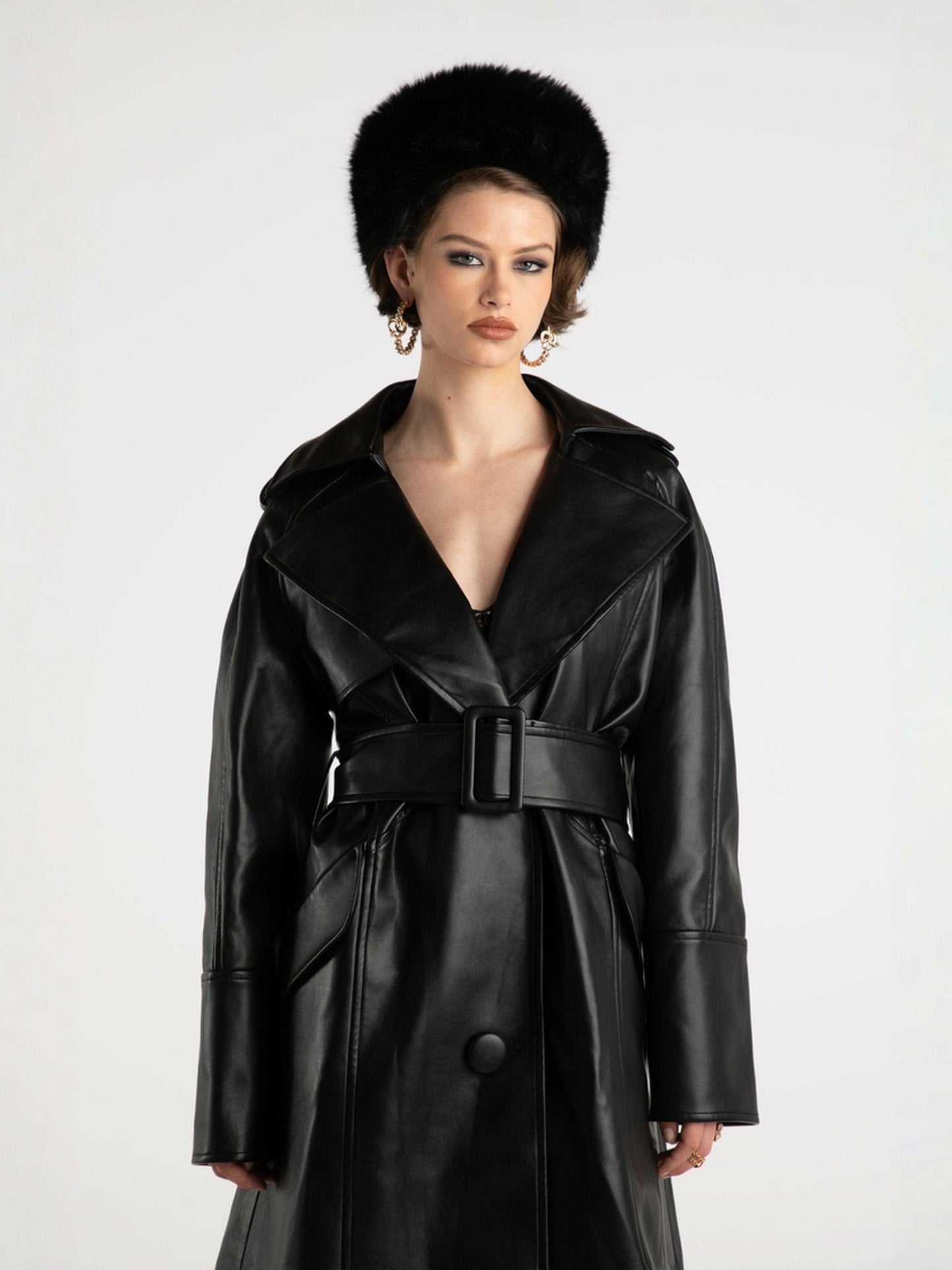Nana Jacqueline Keira Leather Trench Coat: Black Trench Coat for Date Night Black
