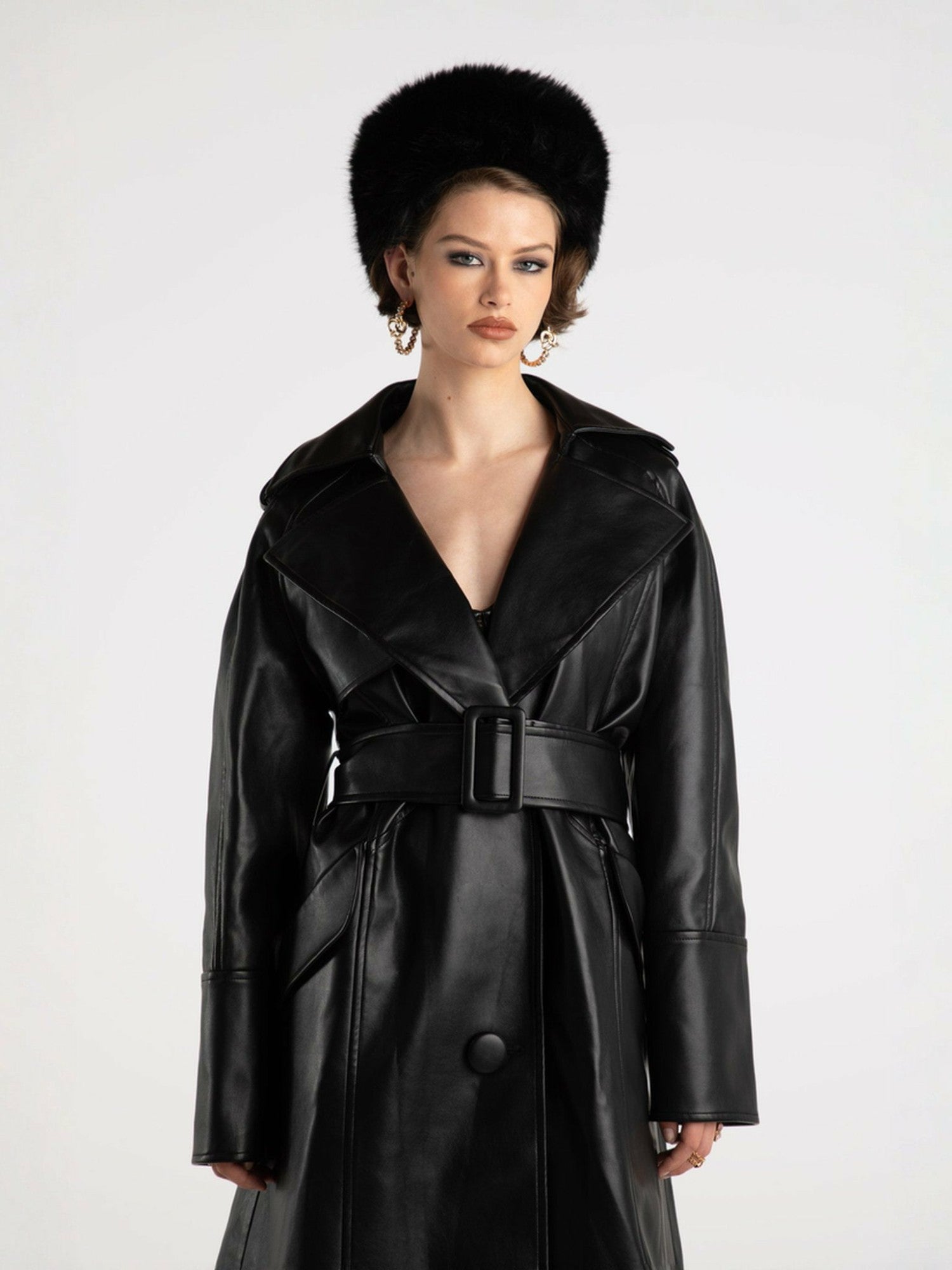Nana Jacqueline Keira Leather Trench Coat: Black Trench Coat for Date Night Black