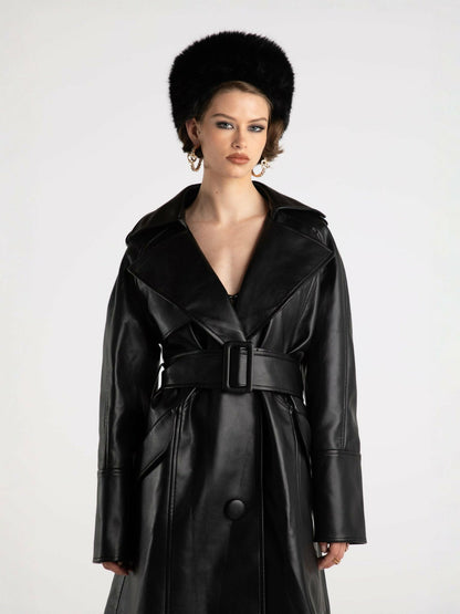 Nana Jacqueline Keira Leather Trench Coat: Black Trench Coat for Date Night Black