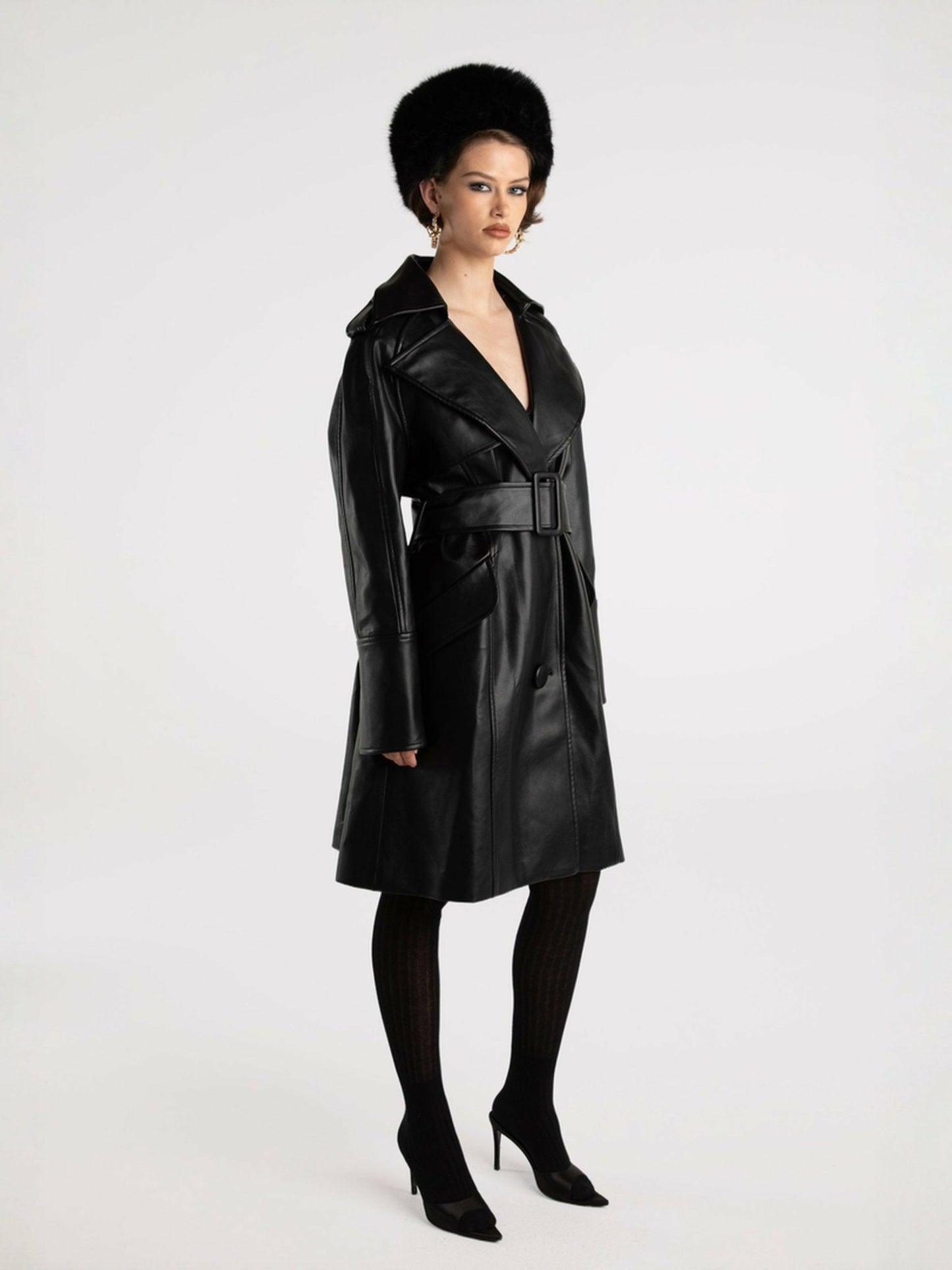 Nana Jacqueline Keira Leather Trench Coat: Black Trench Coat for Date Night Black