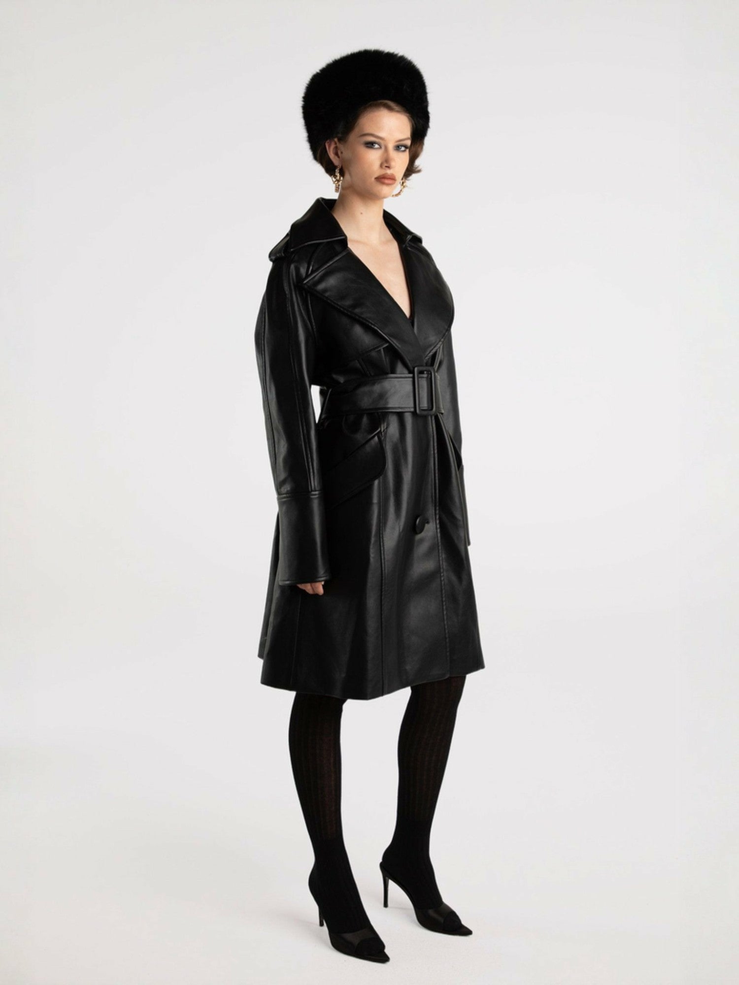 Nana Jacqueline Keira Leather Trench Coat: Black Trench Coat for Date Night Black