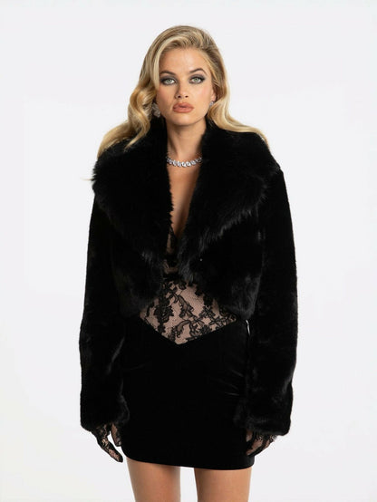 Nana Jacqueline Mara Fur Coat: Black Fur Coat for Cocktail Party Black