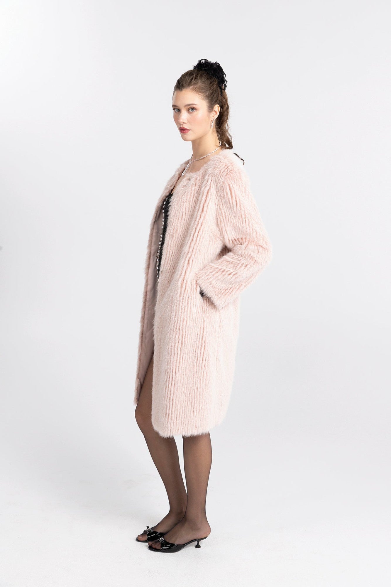Nana Jacqueline J’adore Faux Fur Long Coat: Pink Long Coat for Winter Party Pink
