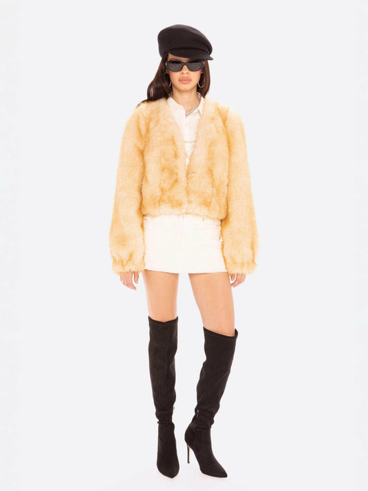 Nana Jacqueline Lavinia Short Faux Fur Jacket: Yellow Fur Jacket for Cocktail Party Yellow