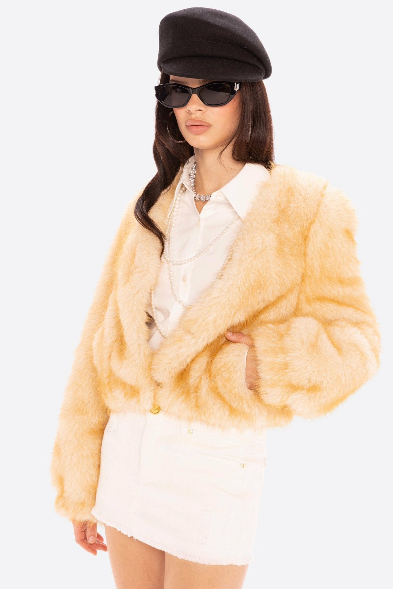 Nana Jacqueline Lavinia Short Faux Fur Jacket: Yellow Fur Jacket for Cocktail Party Yellow