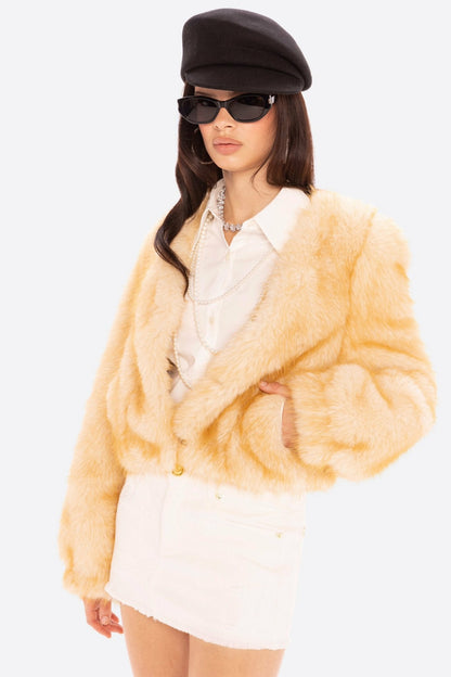 Nana Jacqueline Lavinia Short Faux Fur Jacket: Yellow Fur Jacket for Cocktail Party Yellow
