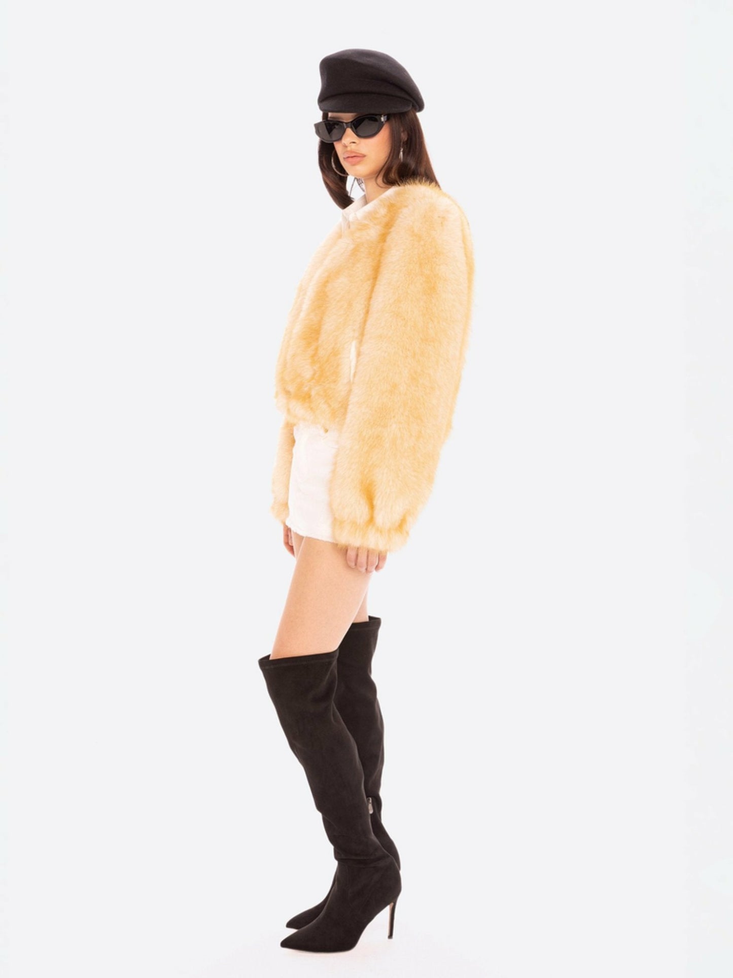 Nana Jacqueline Lavinia Short Faux Fur Jacket: Yellow Fur Jacket for Cocktail Party Yellow