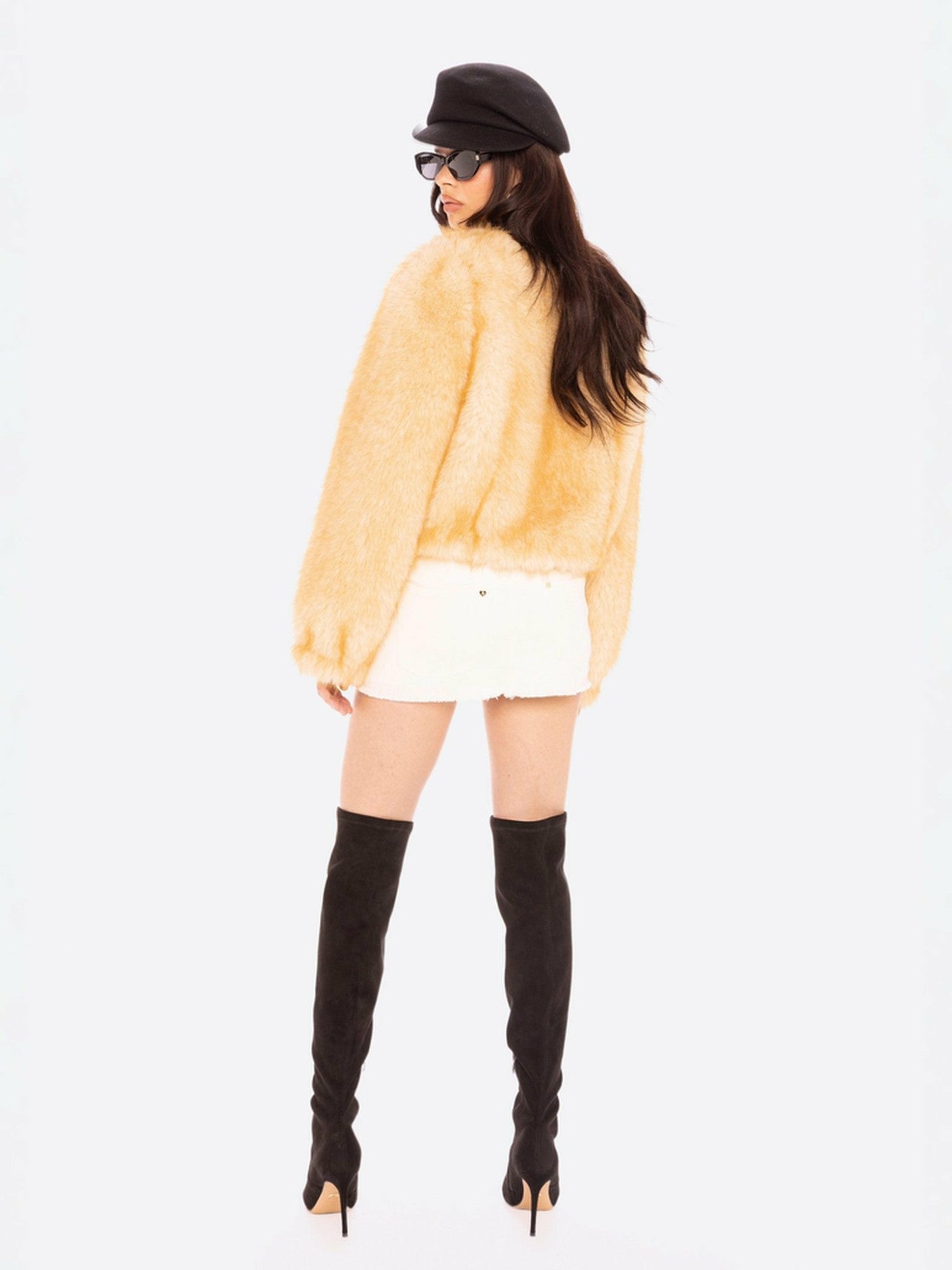 Nana Jacqueline Lavinia Short Faux Fur Jacket: Yellow Fur Jacket for Cocktail Party Yellow