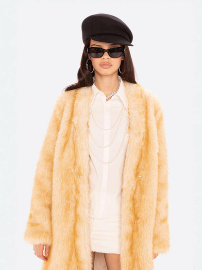 Nana Jacqueline Isolde Faux Fur Long Coat: Yellow Fur Coat for Winter Events Yellow