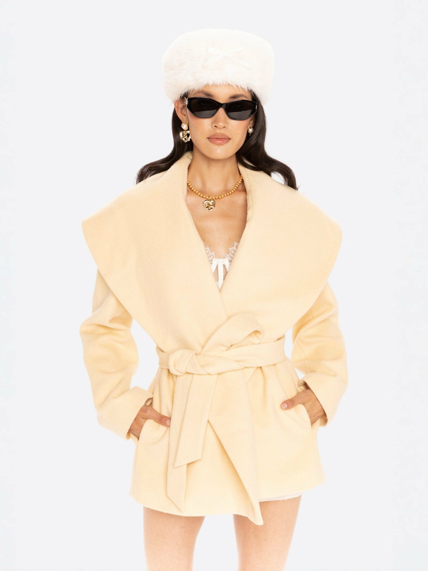 Nana Jacqueline Victoria Bow Coat: Yellow Wrap Coat for Daytime Events Yellow