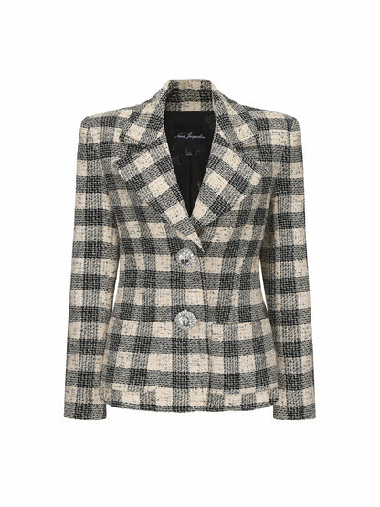 Nana Jacqueline Maya Lapel Suit Jacket: Black Checkered Jacket for Cocktail Party Black Checkered