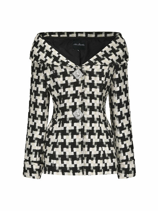 Nana Jacqueline Marlee Plaid Top: Black White Top for Date Night Black/White