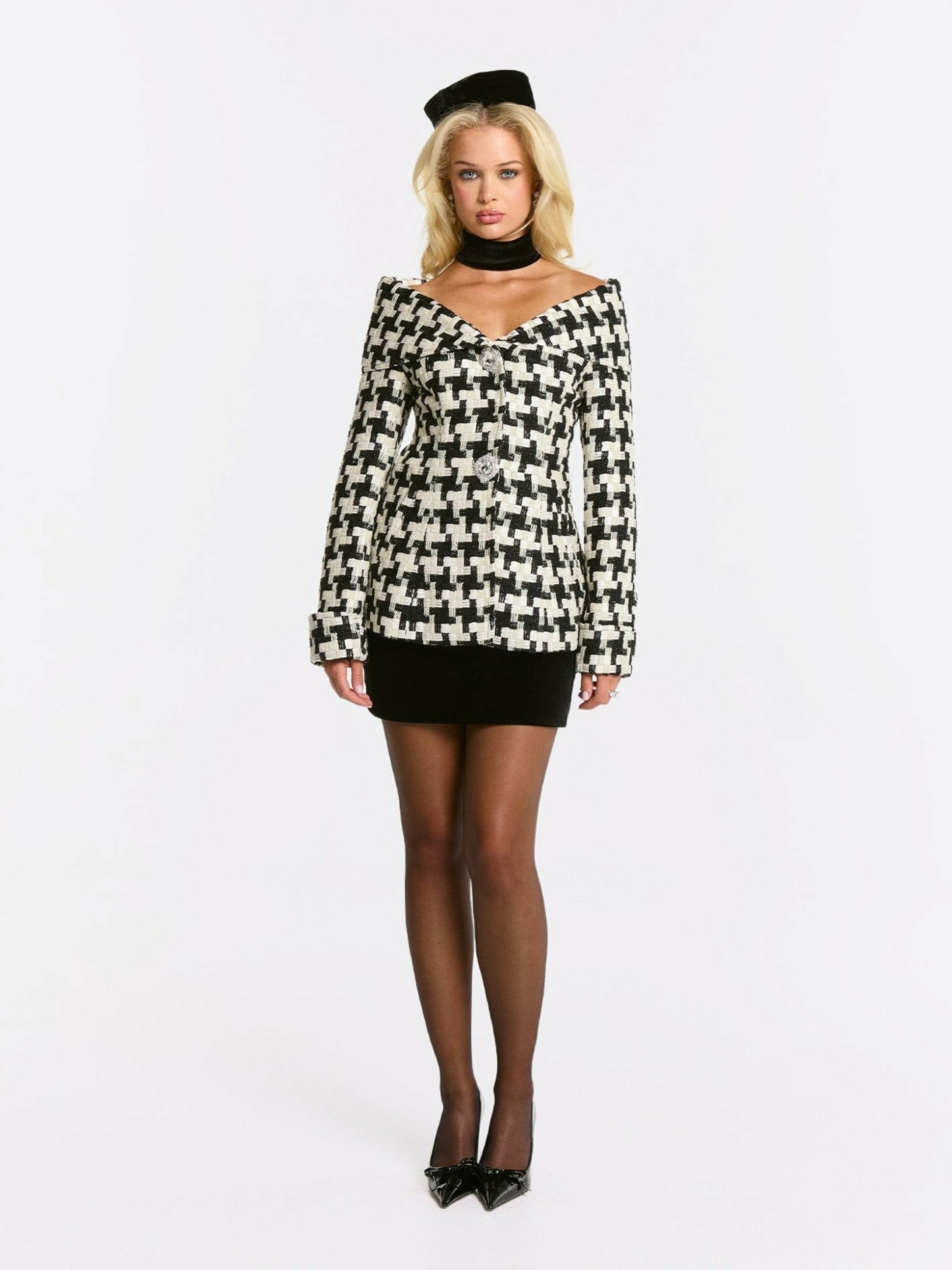 Nana Jacqueline Marlee Plaid Top: Black White Top for Date Night Black/White