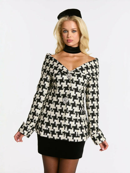 Nana Jacqueline Marlee Plaid Top: Black White Top for Date Night Black/White