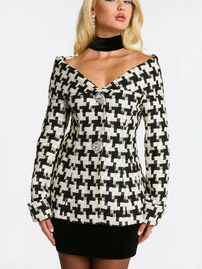 Nana Jacqueline Marlee Plaid Top: Black White Top for Date Night Black/White