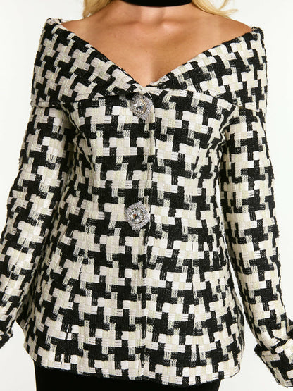 Nana Jacqueline Marlee Plaid Top: Black White Top for Date Night Black/White