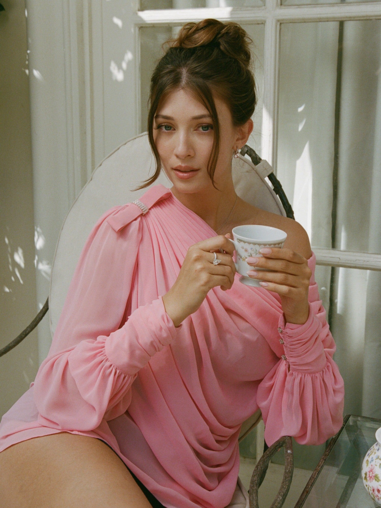 Nana Jacqueline Sia One-Shoulder Ruched Pink Top Pink