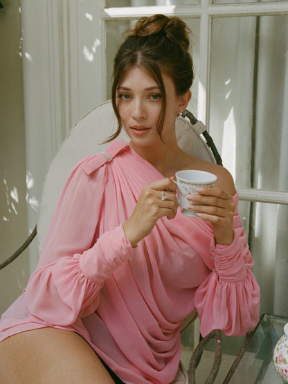 Nana Jacqueline Sia One-Shoulder Ruched Pink Top Pink