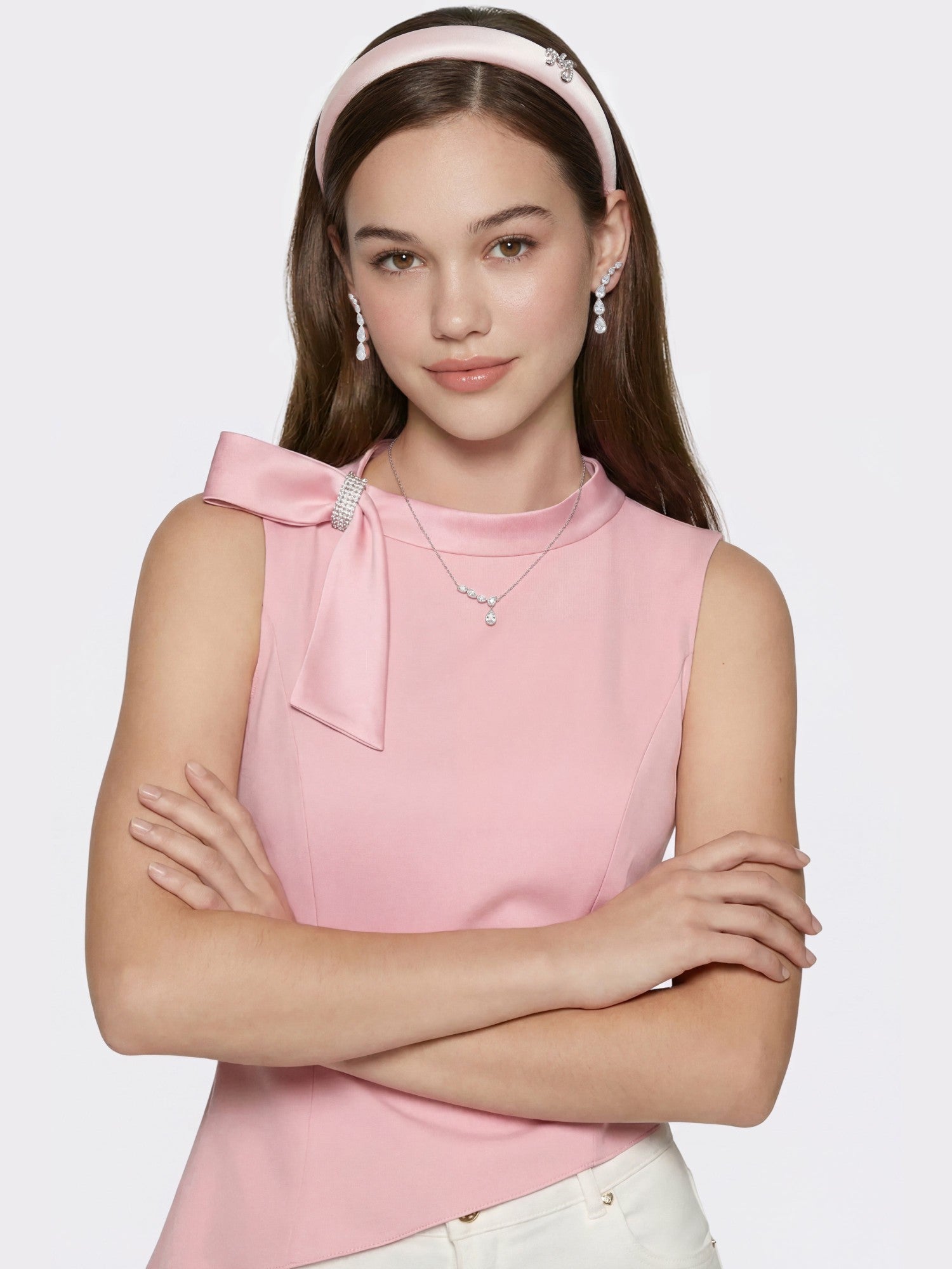 Nana Jacqueline Pink Satin Asymmetrical Top with Crystal Bow Pink