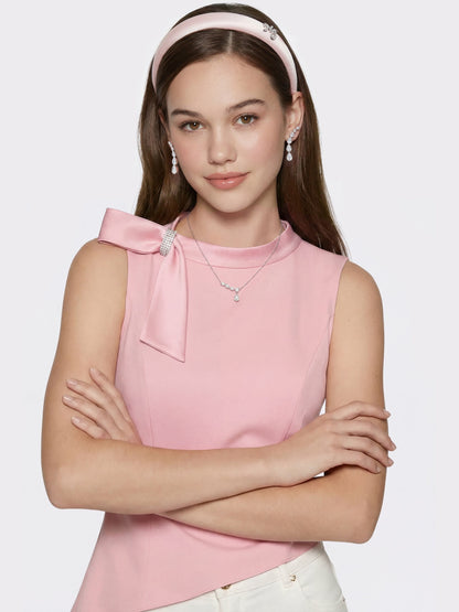 Nana Jacqueline Pink Satin Asymmetrical Top with Crystal Bow Pink