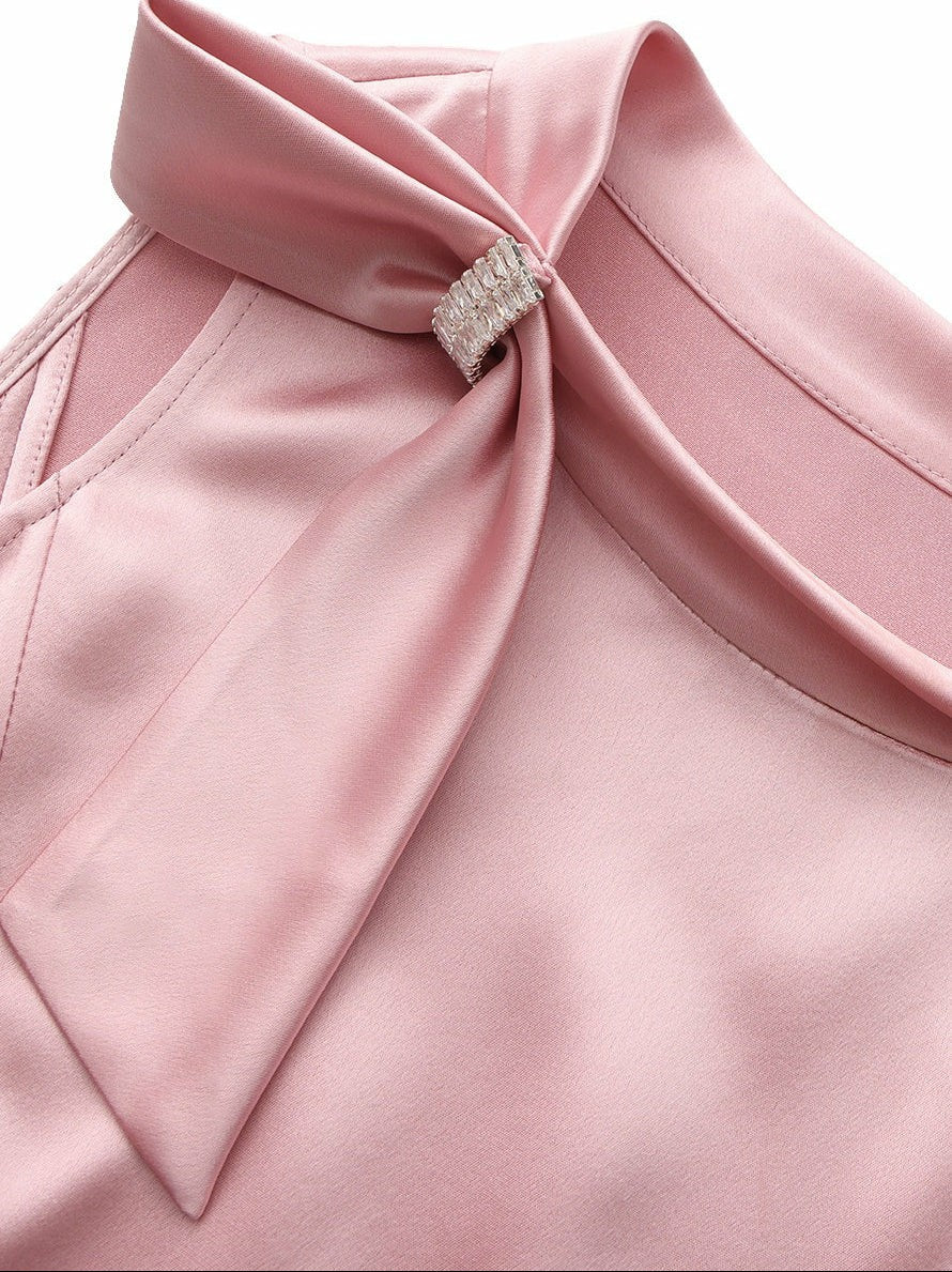 Nana Jacqueline Pink Satin Asymmetrical Top with Crystal Bow Pink