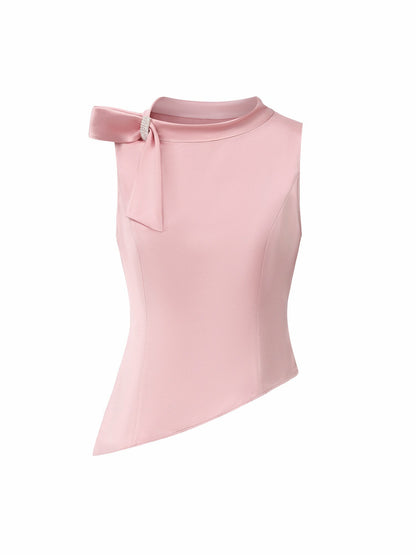 Nana Jacqueline Pink Satin Asymmetrical Top with Crystal Bow Pink