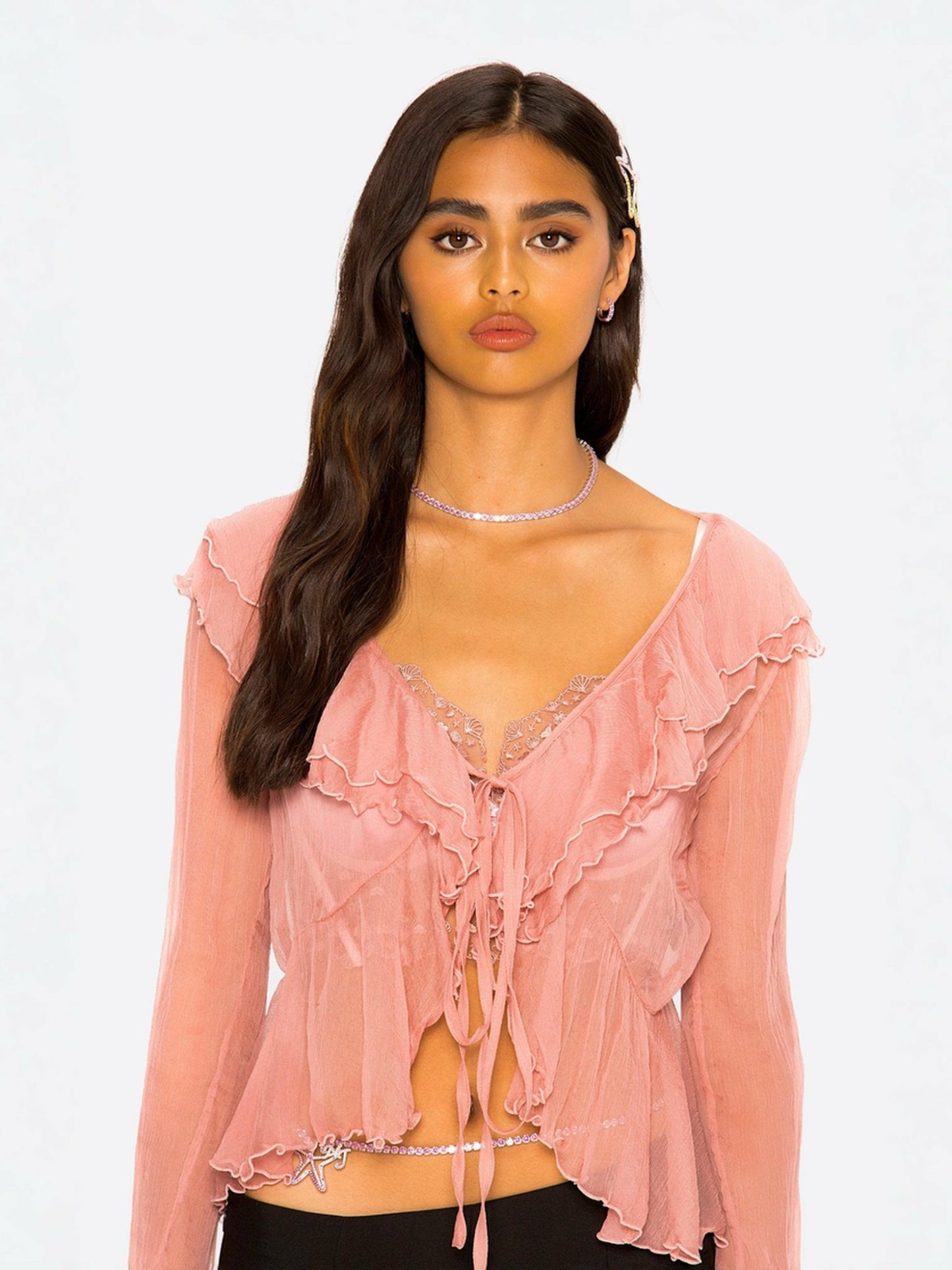 Nana Jacqueline Gabriella Cardigan Top: Pink Cardigan Top for Date Night Pink
