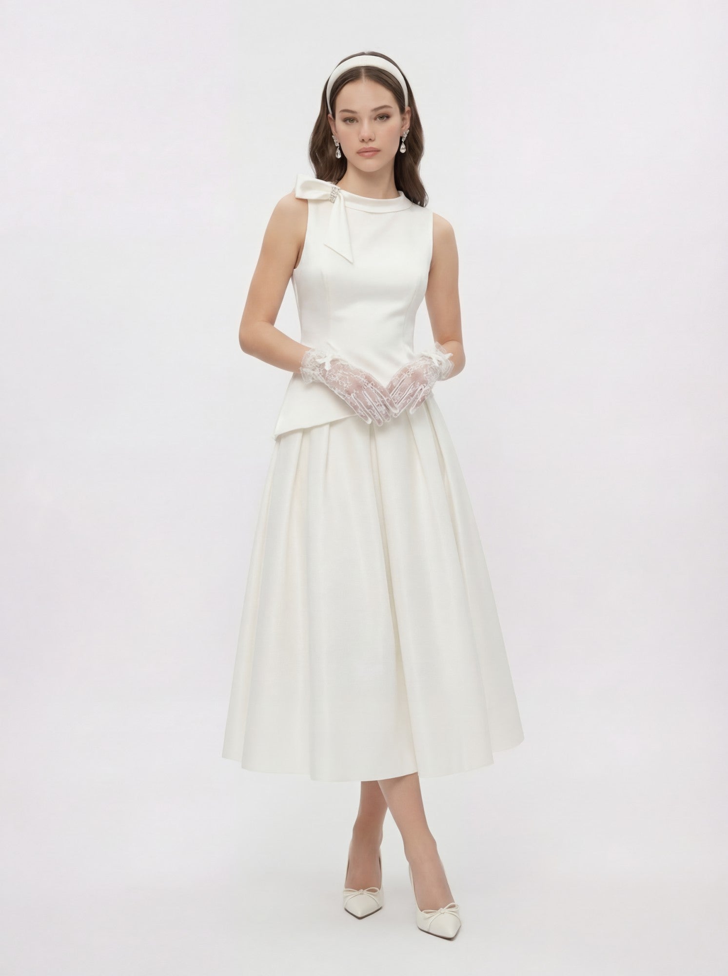 Nana Jacqueline White Satin Asymmetrical Top with Crystal Bow White