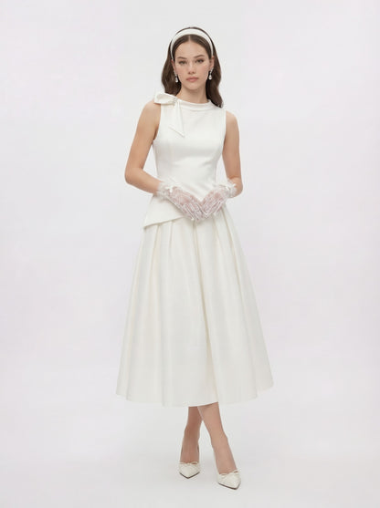 Nana Jacqueline White Satin Asymmetrical Top with Crystal Bow White