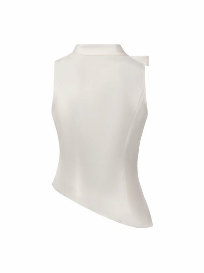 Nana Jacqueline White Satin Asymmetrical Top with Crystal Bow White