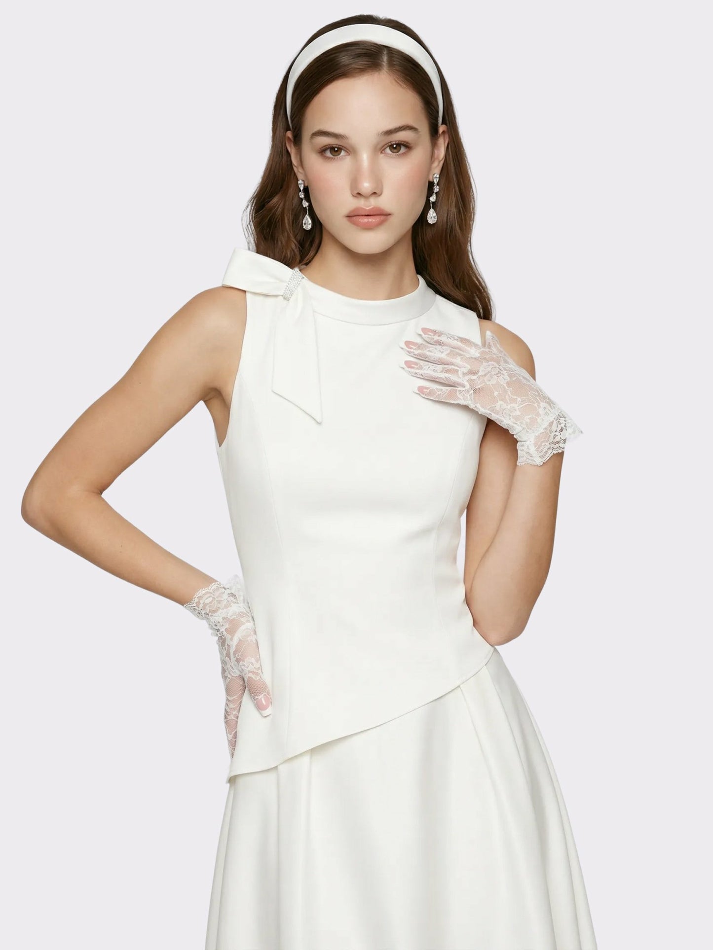 Nana Jacqueline White Satin Asymmetrical Top with Crystal Bow White