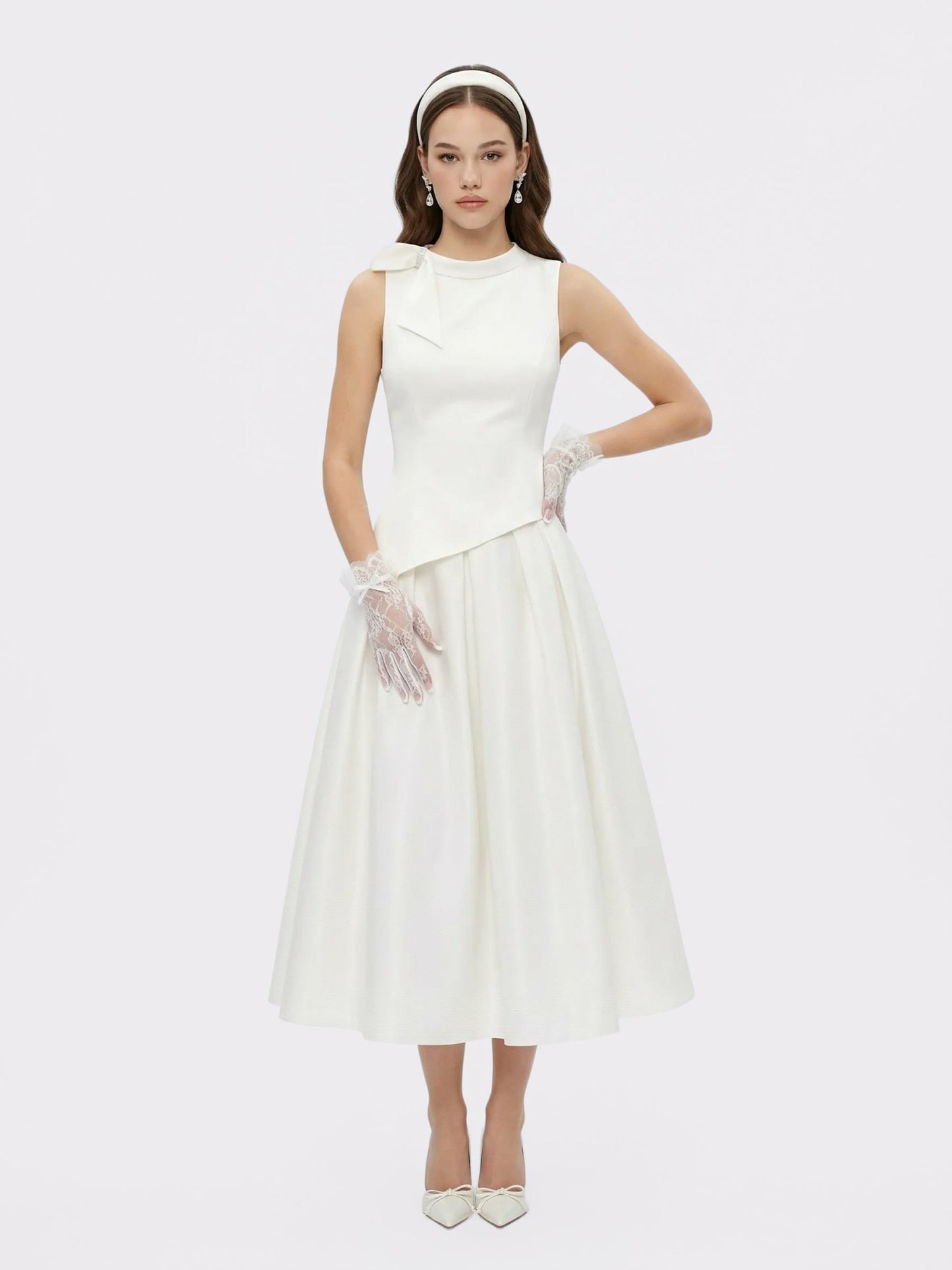 Nana Jacqueline White Satin Asymmetrical Top with Crystal Bow White