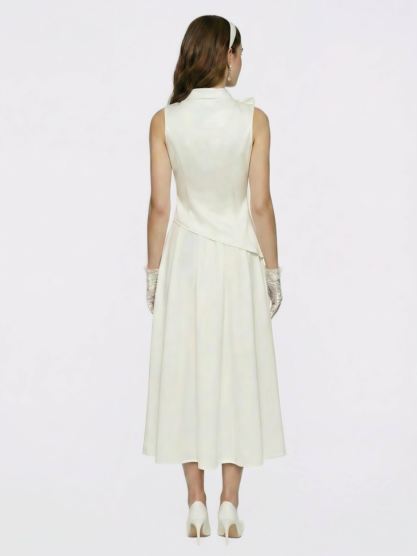 Nana Jacqueline White Satin Asymmetrical Top with Crystal Bow White
