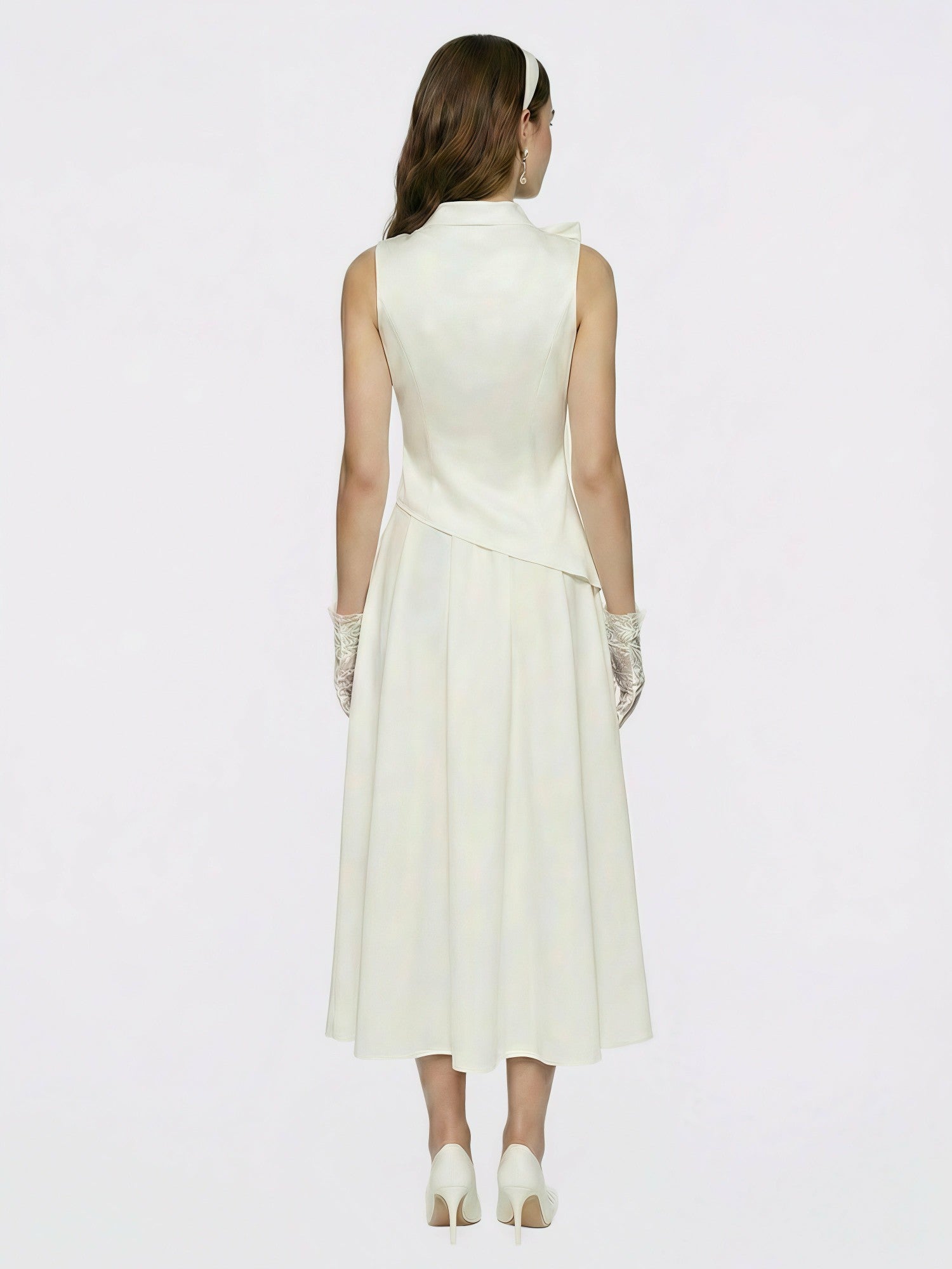 Nana Jacqueline White Satin Asymmetrical Top with Crystal Bow White