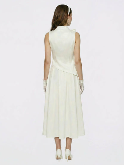 Nana Jacqueline White Satin Asymmetrical Top with Crystal Bow White