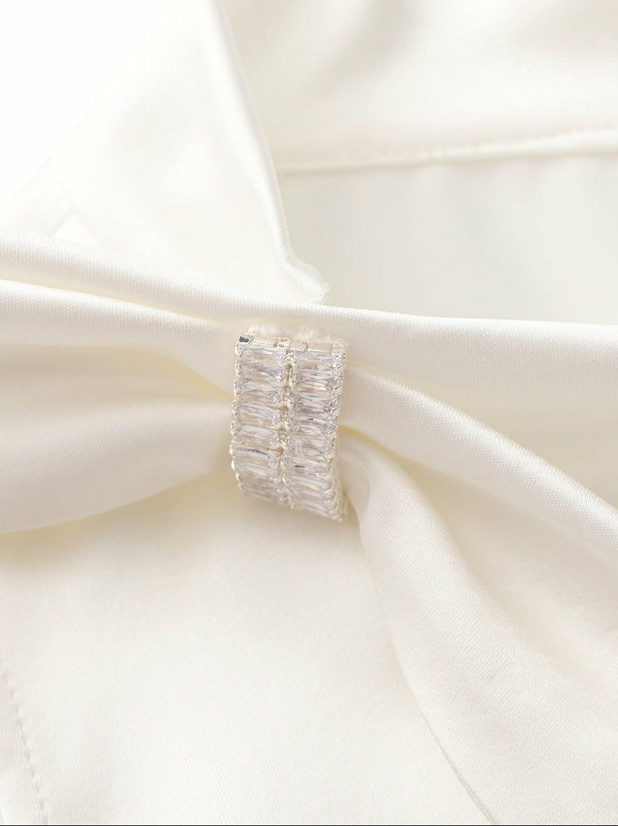 Nana Jacqueline White Satin Asymmetrical Top with Crystal Bow White