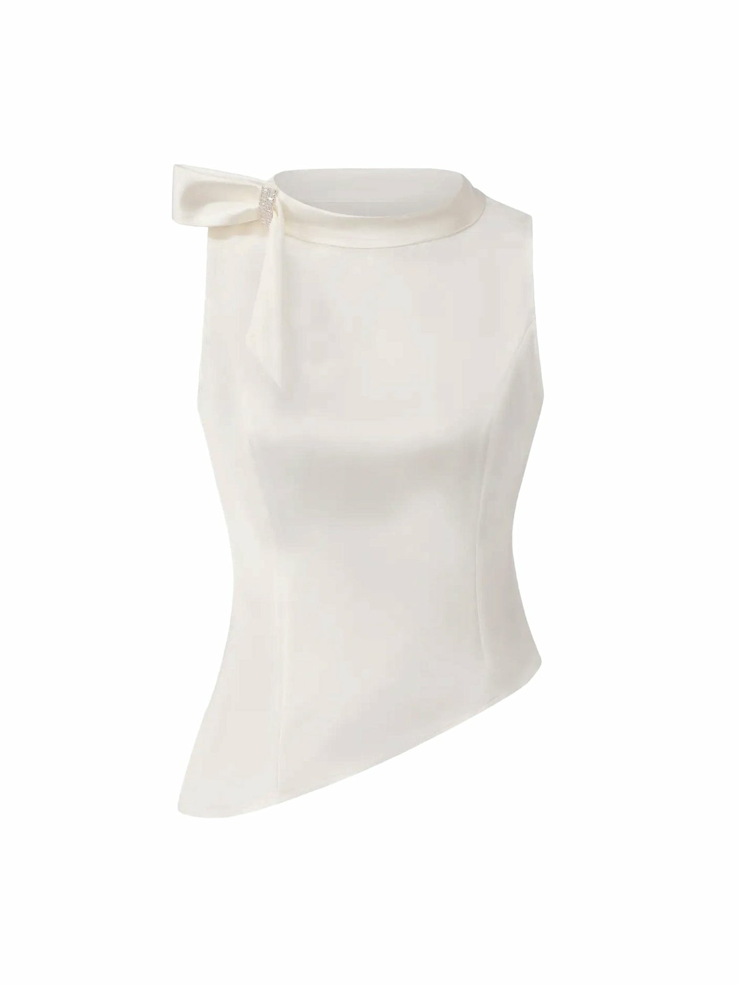 Nana Jacqueline White Satin Asymmetrical Top with Crystal Bow White