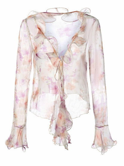 Nana Jacqueline Monroe Tie-Front Ruffle Cream Blouse Champagne