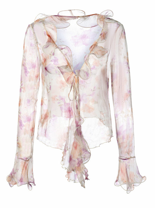 Nana Jacqueline Monroe Tie-Front Ruffle Cream Blouse Champagne