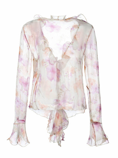 Nana Jacqueline Monroe Tie-Front Ruffle Cream Blouse Champagne