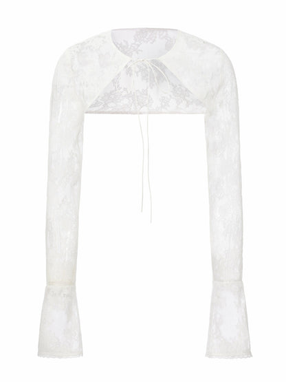 Nana Jacqueline Yvette Sheer Lace Tie-Front White Cardigan White