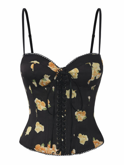 Nana Jacqueline Mila Lace-Up Corset Black Floral Top Black