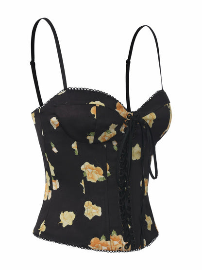 Nana Jacqueline Mila Lace-Up Corset Black Floral Top Black