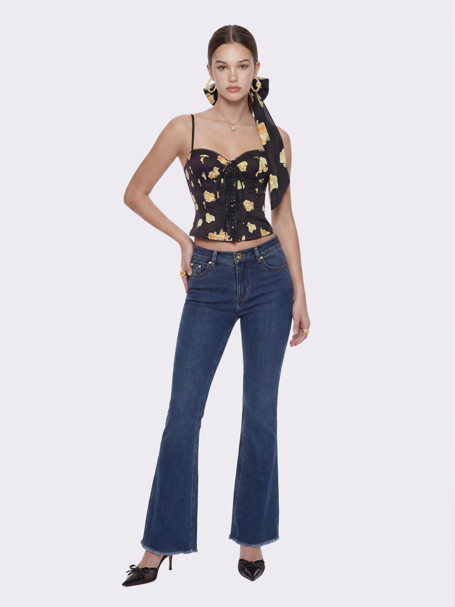 Nana Jacqueline Mila Lace-Up Corset Black Floral Top Black